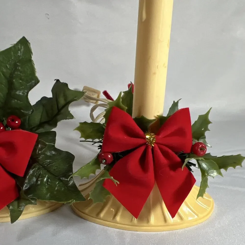 Vintage Set of 4 Plug-In Electric Christmas Window Candle Lights Holly Red Bows
